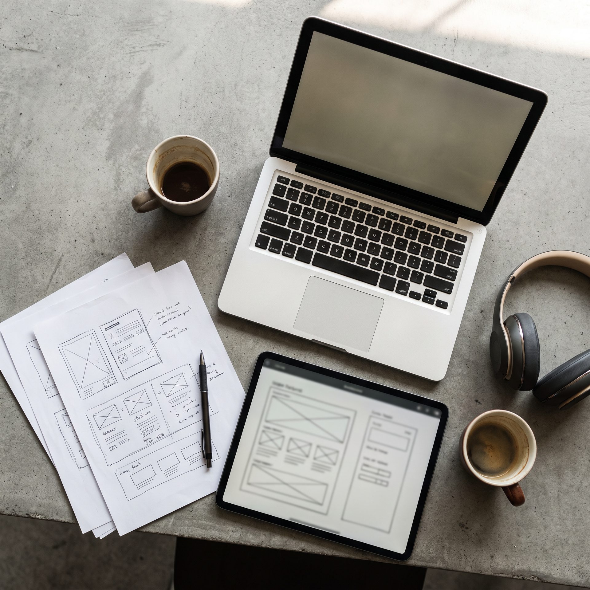 Aufgeräumter Schreibtisch von oben mit Laptop, Notizblock und Stift