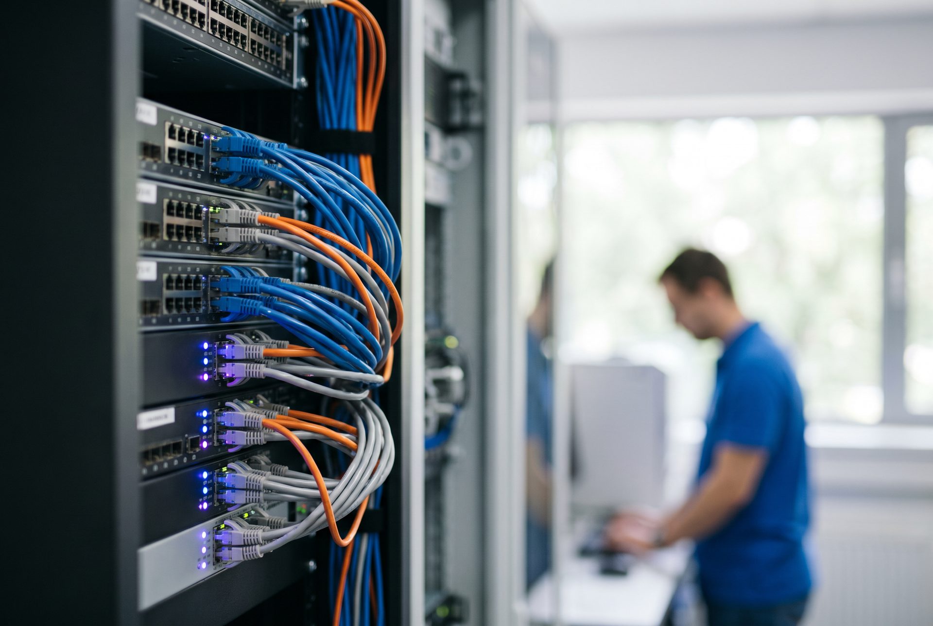 Serverschrank mit Netzwerkkabeln und blinkenden Statusleuchten in einem Rechenzentrum