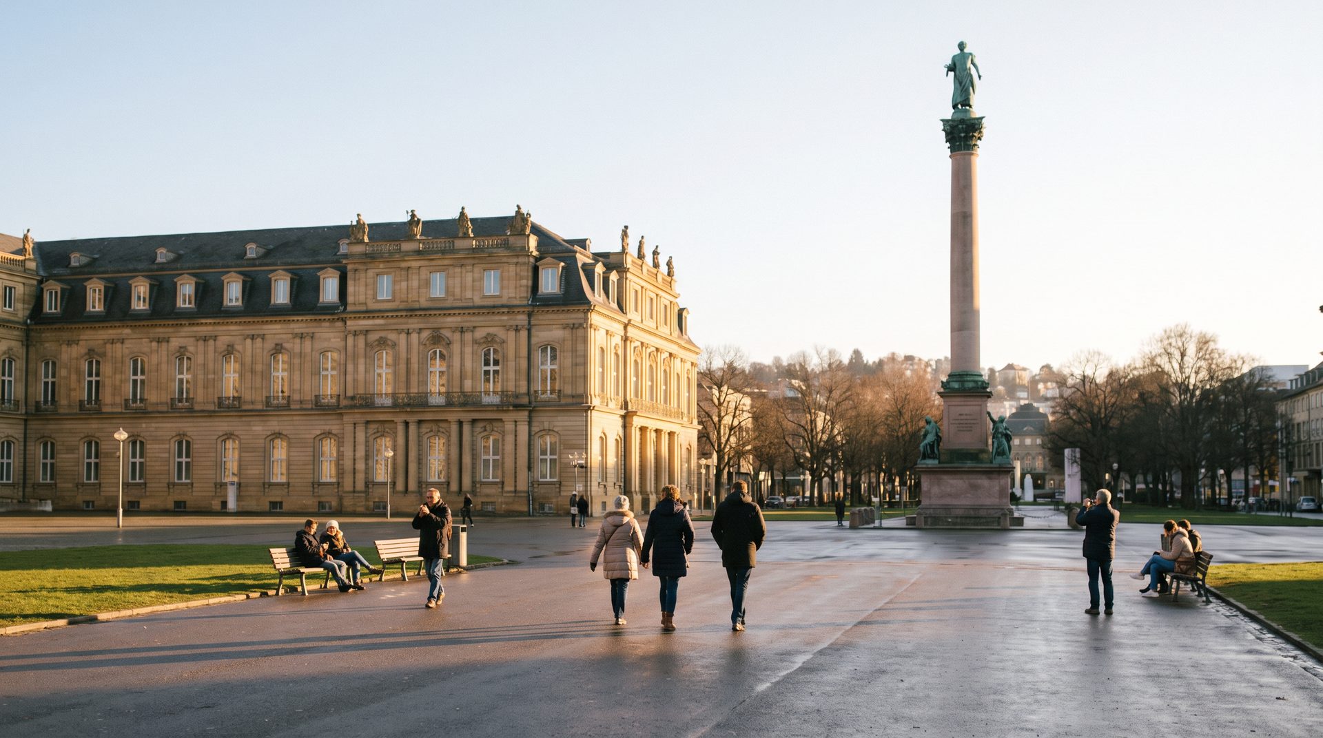 Schlossplatz Stuttgart mit Neuem Schloss und Jubiläumssäule im Abendlicht