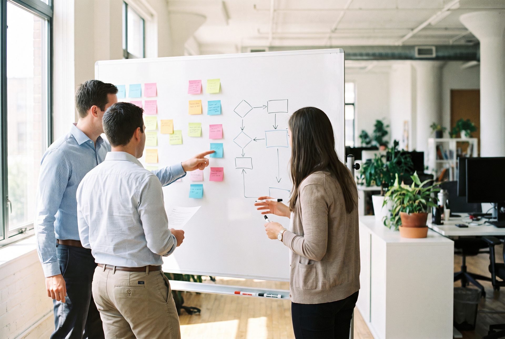 Drei Personen besprechen ein Ablaufdiagramm mit Haftnotizen an einem Whiteboard
